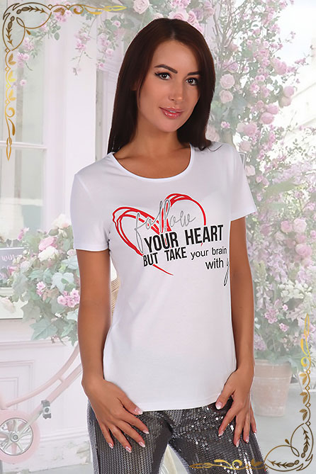 Женская летняя футболка Сердце. Цвет белый. Вид 2. Размер 42-52