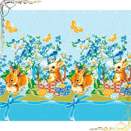  Полотенце вафельное "Кролик пасхальный 1 гол" 50Х70. Материал хлопок. Цвет св.голуб+кролики. 