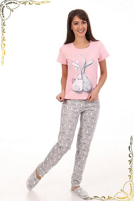 Пижама женская с брюками 1-88. Цвет серый с розовым. Вид 1. Размер 42-52
