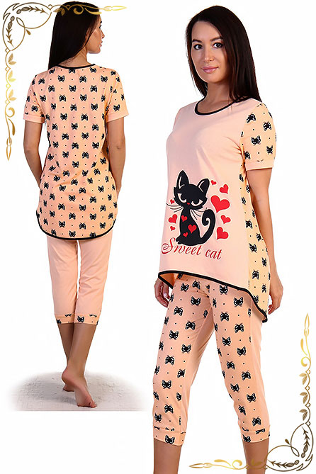 Пижама женская с бриджами 1864. Цвет персиковый+кот. Вид 1. Размер 42-56