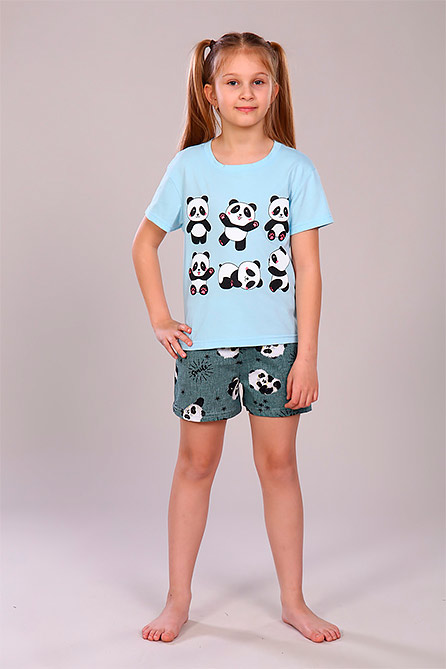 Пижама на девочку трикотажная с шортами Двойняшки. Цвет голубой. Вид 1. Размер 30-40