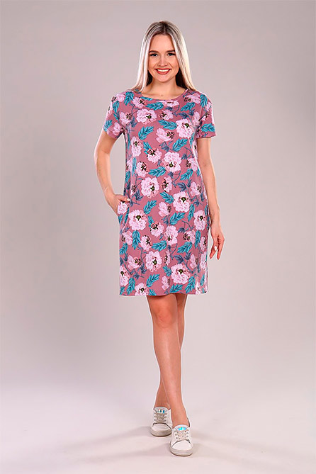 Платье нарядное с рисунком ромашки Космея. Цвет сухая роза. Вид 1. Размер 44-54