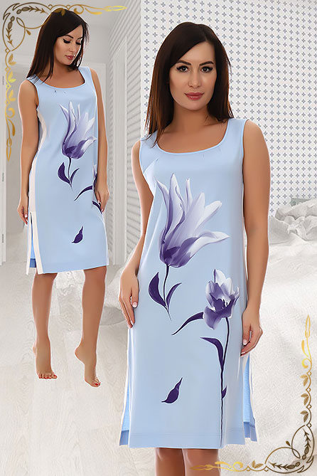 Ночная сорочка женская 3022 хлопок 100%. Цвет голубой+цветок. Вид 2. Размер 42-60