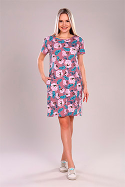 Платье нарядное с рисунком ромашки Космея. Цвет сухая роза. Вид 1. Размер 44-54