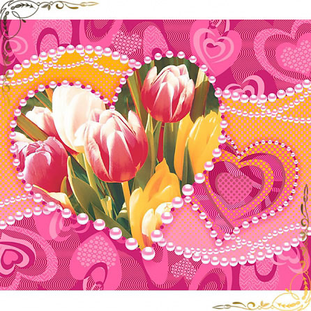  Полотенце вафельное "Валентина" 50Х70. Материал хлопок. Цвет розовый+тюльпан. 